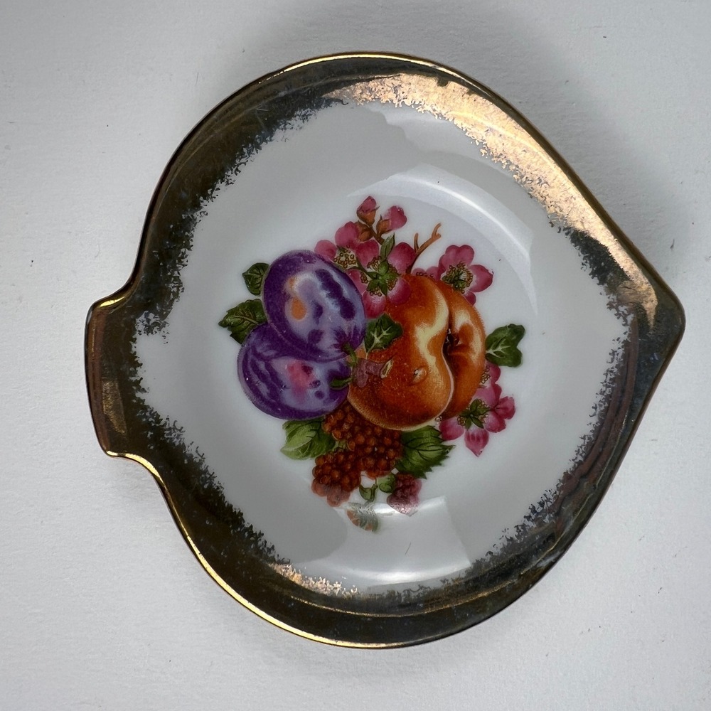 VTG Relco Trinket Dish 4.5" White Gold Fruit Floral Hand Decorated Japan Bowl